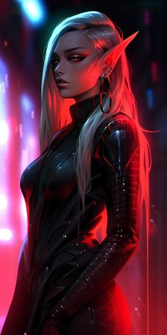 a woman with long blonde hair and black catsuits standing in front of neon lights