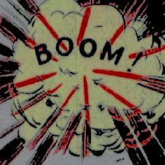 the word boom is written in red and black ink