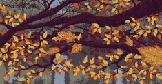 a tree with yellow leaves is reflected in the water