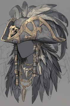 the headdress is made up of feathers and chains