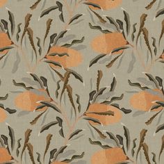 an orange and grey floral pattern with leaves on the back ground is shown in this image