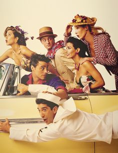 an advertisement for rolling stone magazine featuring men and women in hats on top of a car