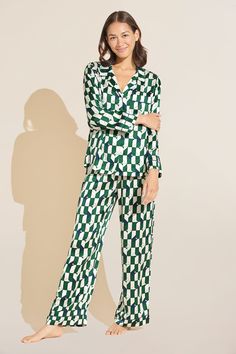 Inez Washable Silk Printed Long PJ Set - Mosaic Tile Forest Green/Navy Elegant Green Sleepwear, Elegant Relaxed Fit Long Sleeve Sets, Elegant Long Sleeve Sets With Relaxed Fit, Elegant Long Sleeve Relaxed Fit Set, Elegant Green Long Sleeve Sleepwear, Elegant Long Sleeve Green Sleepwear, Elegant Fitted Green Sleepwear, Fitted Silk Long Sleeve Sleepwear, Fitted Silk Sleepwear With Long Sleeves