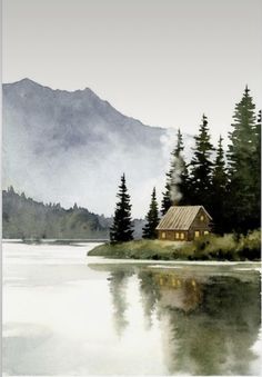 a watercolor painting of a cabin on an island