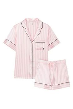 Women Nightwear Outfit, Sleepwear Women Nightwear, Nightwear Outfits, Satin Short, Cute Pajamas, Pink And White Stripes, Victoria Secrets, Women Nightwear, Basic Outfits