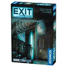 an exit the game box with a clock on it's front and stairs in the background