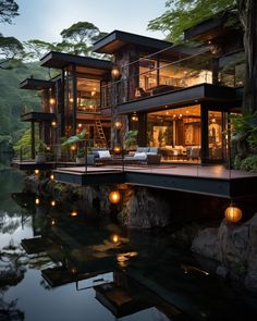 a large house sitting on top of a lush green hillside next to a lake at night