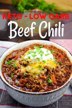 keto - low carb beef chili in a bowl with sour cream on top