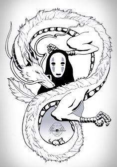 a black and white drawing of a woman with a mask on her face next to a dragon