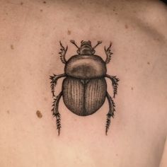 a beetle tattoo on the back of a woman's shoulder