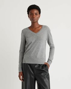 The $50 Cashmere V-Neck Sweater | Quince Grey V Neck Sweater, Gray Cashmere Sweater, Gray Cashmere, Basic Sweaters, Womens Cashmere, Grey Long Sleeve, V Neck Sweater, Denim Top, Striped Long Sleeve