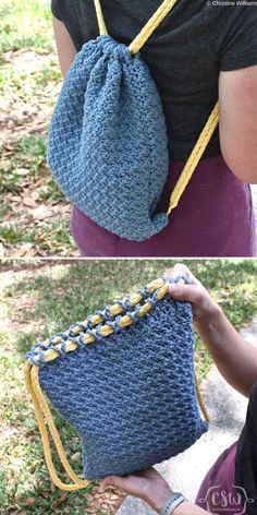 two pictures showing the back and side of a crocheted bag