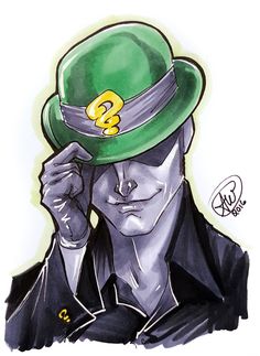 a drawing of a man wearing a green hat and holding his hand to his face