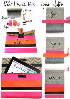 a collage of photos showing different types of clothing and accessories with text describing how to make this ipad clutch