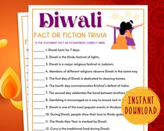 the fact or fiction trivia for diwali is displayed in front of an orange background