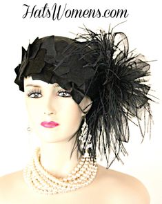 Ladies Black Sinamay Straw Wedding Brides Bridal Cloche Flapper Cocktail Pillbox Designer Hat With Feathers. This Formal Dress 1920's Styled Flapper Art Nouveau Hat Is Trimmed With A Large Black Crinoline Bow, Accented With Black Ostrich Feathers. Black Vintage Millinery Ivy Leaves Encircle The Crown Of Fashion Hat. This Versatile Dress Hat For Women Can Be Worn In Different Positions On The Head. This Is A Stunning Hat For The Spring Horse Races, The Kentucky Derby, The Belmont Stakes, The Prea Special Occasion Hats, Mother Of The Bride Hats, Church Lady Hats, Custom Made Hats, Occasion Hats, Flapper Hat, Bridal Hat, Vintage Millinery, Melbourne Cup