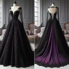 Gothic Black and Purple Wedding Dresses Long Sleeves Corset A Line Bridal Gowns | eBay