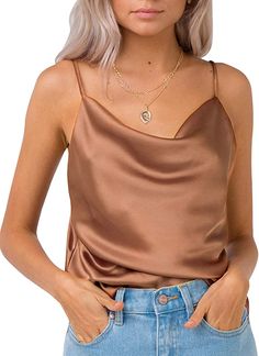 Dress Up Jeans, Satin Tank Top, Satin Camisole, V Neck Tank Top, Satin Top, Vest Top, Cami Tanks, Cute Tops, Spaghetti Strap