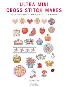 cross stitch book with various designs and words on the cover, including an image of cupcakes