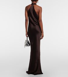 Draped halterneck gown in brown - Norma Kamali | Mytheresa Chocolate Brown Dress, Norma Kamali Dress, Rent Clothes, Knitwear Style, Black Tie Dress, Guest Attire, Prom Dress Inspiration, Cowl Neck Dress, Wedding Attire Guest