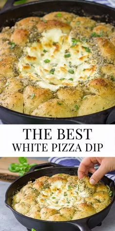 the best white pizza dip is in a cast iron skillet and it's ready to be eaten