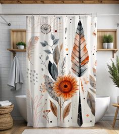 a shower curtain with an orange flower and leaves on it, in a white bathroom