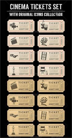 an old movie ticket is shown with the words cinema tickets set and other items on it