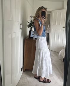 How To Style White Skirt Long, Tiered Denim Skirt Outfit, Childcare Outfit Ideas, Modest Hot Weather Outfits, Portugal Outfits Spring, Scandinavian Summer Style, Modest Country Outfits, Montana Outfits Summer, Double Date Outfit