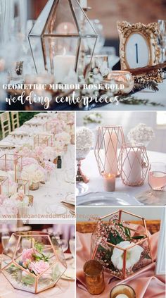 wedding centerpieces are displayed on tables with candles and flowers