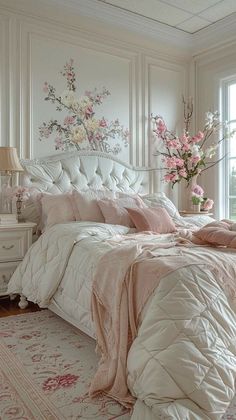 a white bed sitting in a bedroom next to a window with pink flowers on it