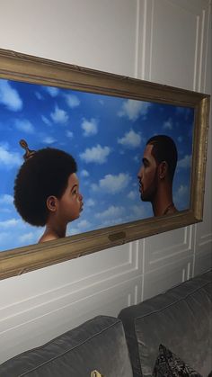 a painting of two people facing each other in front of a blue sky with clouds