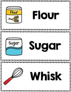 four different labels with words describing flour, sugar and whisk on white background