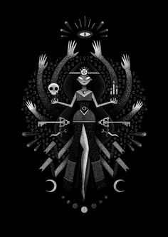 an image of a woman surrounded by skulls and other items on a black background with the moon in the middle