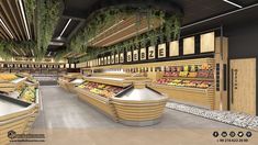 an artist's rendering of a grocery store with fruits and vegetables in the produce section