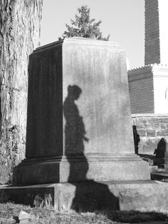 a shadow of a person standing next to a tree and a monument in the background