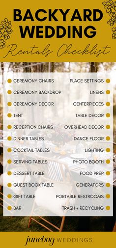 the backyard wedding rental checklist is shown in yellow and white with flowers on it