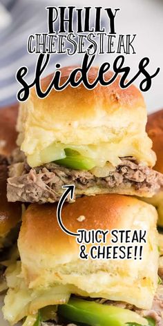 two sandwiches stacked on top of each other with the words phily cheese steak sliders