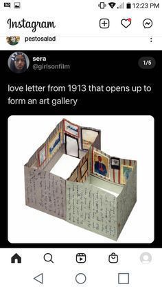 an open box with some pictures on it and the words love letter from 1911 that opens up to form an art gallery