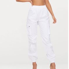 White Pocket Detail Cargo Pants Us Size: 0 Colour: White All Tags Still In Place. Very Flattering Fit! White Cargo Pants, Pleather Leggings, Sheer Pants, White Joggers, Satin Trousers, Casual Sweatpants, Black Leather Pants, Tall Jeans, Strapless Jumpsuit