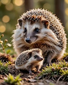 two small hedgehogs standing next to each other on the ground in front of trees