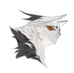 a drawing of a white wolf with orange eyes and black feathers on it's head