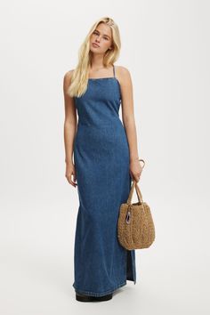 HALTER LOW BACK MIDI DRESS Denim Blue V-neck Dress For Beach, Spring Medium Wash Maxi-length Denim Dress, V-neck Denim Blue Cotton Dress, Indigo Midi-length Denim Dress, Non-stretch Cotton Denim Dress In Medium Wash, Bridal Slippers, Size 12 Women, Off Shoulder Shirt, Size 10 Women