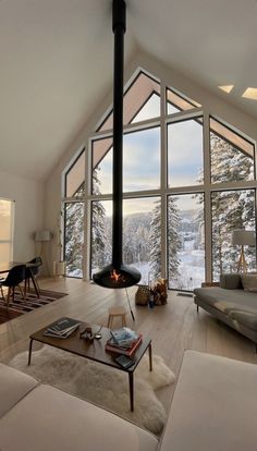 a living room filled with furniture and a fire place in the middle of a room