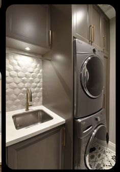 two pictures of the same kitchen and laundry room, one is in grey with gold accents