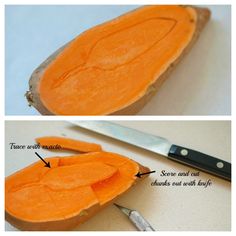 two pictures showing how to cut and slice a sweet potato