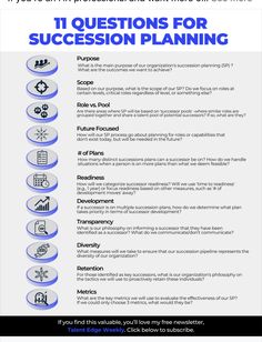 an info sheet with the words 11 questions for succession planning in blue and white text