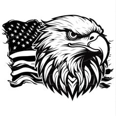 an eagle with the american flag on it's head is shown in black and white