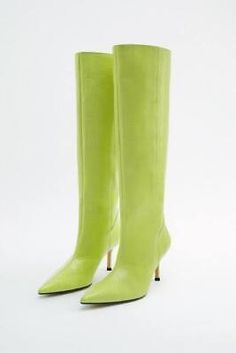 Pinterest Formal Pointed Toe Knee-high Boots For Spring, Green Pointed Toe Heeled Boots For Winter, Chic Green Pointed Toe Boots, Spring Boots With Sculpted Heel And Snip Toe, Zara Fitted Heeled Boots With Round Toe, Green Leather Heeled Boots For Party, Green Pointed Toe Heeled Boots With Reinforced Heel, Green High Heel Faux Leather Boots, Party Boots In Faux Leather With Snip Toe