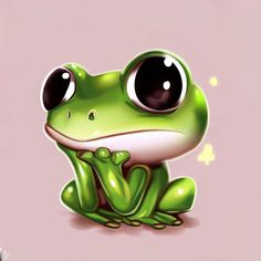 a green frog with big eyes sitting on the ground