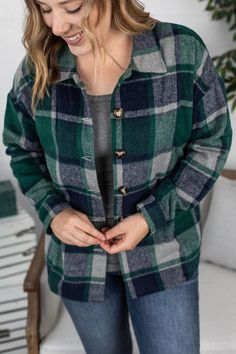 This item is in stock and ready for shipment! Its also available for local pick up in Magnolia, TX. Spend more than $99 dollars and shipping is on me! Meet Lucy! She's a tad different than all of our other plaid flannel jackets - she has no pockets of any kind, and has a slightly tapered backside hem line! Fit: True to size Fabric: 65% cotton and 35% polyester Model sizing: Catherine is wearing a small. MEET THE MODEL! Catherine is normally a size small in tops and dresses and medium (6-8) in bo Plaid Shacket, Green Polo, Metallic Leggings, Liquid Leggings, Outer Jacket, Plaid Outfits, Solid Leggings, Custom Leggings, Flannel Jacket